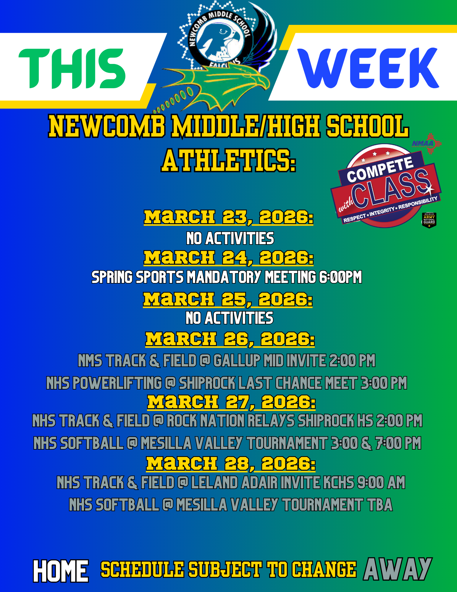 Weekly Athletic Events for March 23-28, 2026
